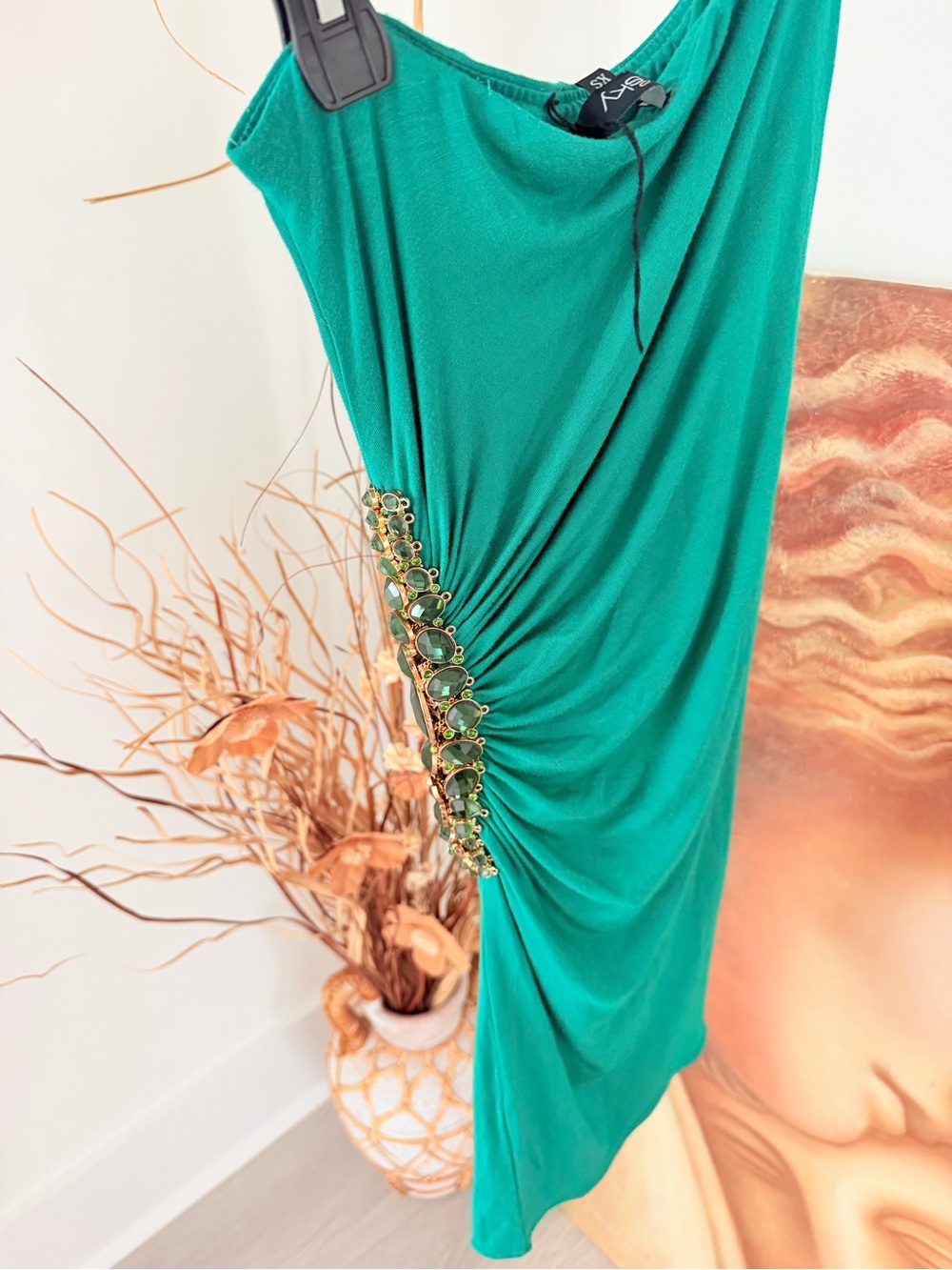 Sky Emerald Green One-Shoulder Mini Dress with Side Jewel Detail NWOT! - Picture 4 of 7